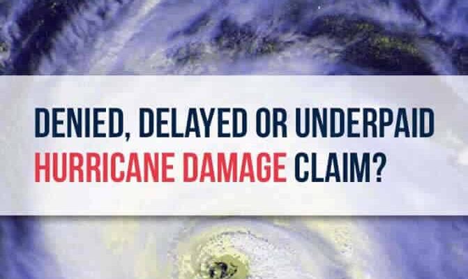Roof Insurance Claim Help Denied, Delayed or Underpaid Hurricane Damage Claim?' overlaid on an image of a swirling hurricane satellite view.